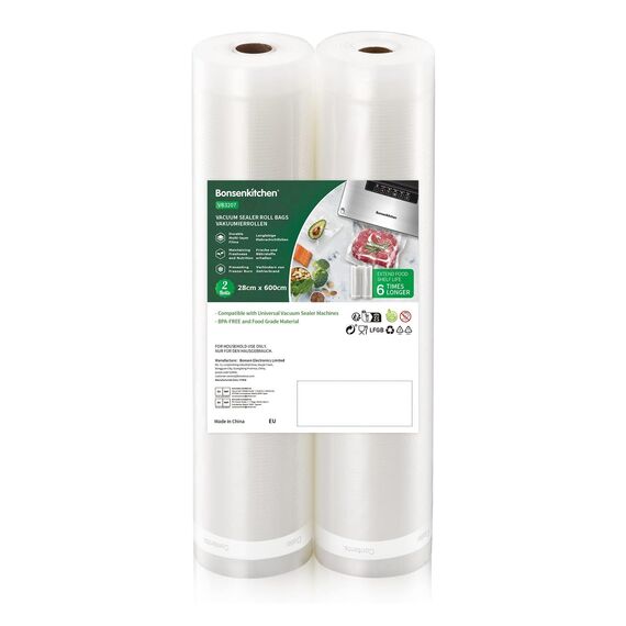 Bonsenkitchen Vakuumrollen 2 Rollen 28x600cm Vakuumierfolie - Profi Vakuumbeutel für Vakuumierer & Lebensmittel Vakuumiergerät, BPA-frei, Kochfest und Sous Vide Gefrierbeutel, VB3207