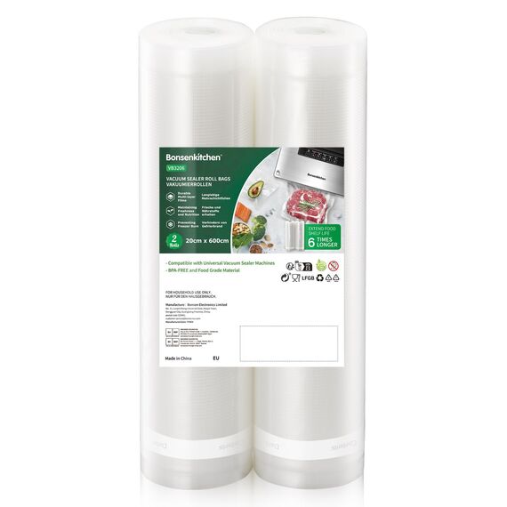 Bonsenkitchen Vakuumrollen 2 Rollen 20x600cm Vakuumierfolie - Profi Vakuumbeutel für Vakuumierer & Lebensmittel Vakuumiergerät, Kochfest und Sous Vide Gefrierbeutel, BPA-frei, VB3206