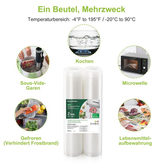 Bonsenkitchen Vakuumierbeutel 2 Rollen 30x600 cm- Profi Vakuumrollen für Vakuumierer, Lebensmittel Vakuumbeutel für Vakuumiergerät, Kochfest & Sous Vide Gefrierbeutel, BPA-frei, VB3216