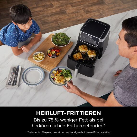 Ninja Air Fryer Heißluftfritteuse MAX PRO, 6,2L, Antihaftbeschichtung, spülmaschinenfester Korb und Crisper Gittereinsatz, Fritteuse ohne Öl, digital, Kochen aus dem Gefrorenen, Grau, AF180EU