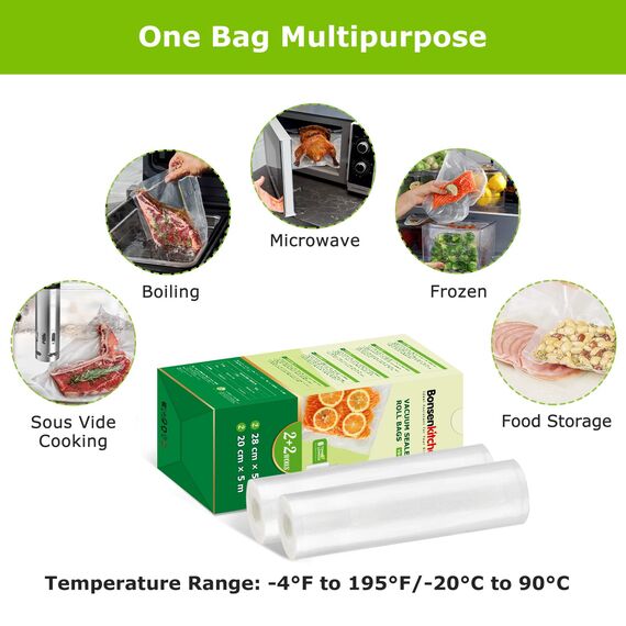 Bonsenkitchen Vakuumrollen 2 Rollen 20cm x 5m+2 Rollen 28cm x 5m Vakuumierfolie - Profi Vakuumbeutel für Vakuumierer Lebensmittel Vakuumiergerät, Kochfest und Sous Vide Gefrierbeutel, BPA-frei, VB42