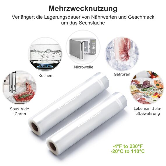 Bonsenkitchen Vakuumrollen 2 Rollen 20x600cm Vakuumierfolie - Profi Vakuumbeutel für Vakuumierer & Lebensmittel Vakuumiergerät, Kochfest und Sous Vide Gefrierbeutel, BPA-frei, VB3206