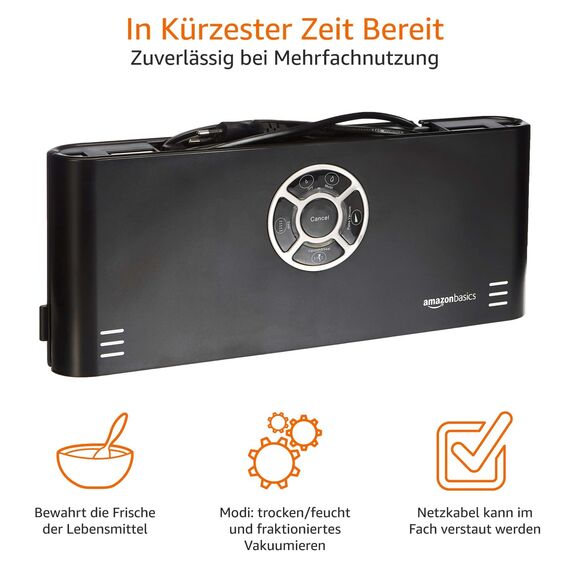 Amazon Basics Vakuumierer, 30 cm Naht + 10 Vakuumierbeutel, Schwarz