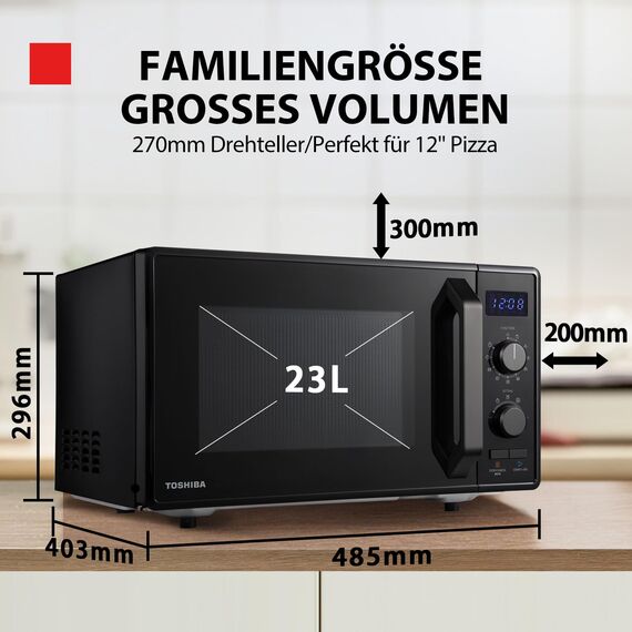 Toshiba MW2-AG23PF(BK) Mikrowelle / 3-in-1 Mikrowelle mit Grill & Kombi-Funktion/Freistehend / 23L / 900W / 1000W Grill/energiesparender ECO-Funktion/Drehteller mit Positionsspeicher/Schwarz