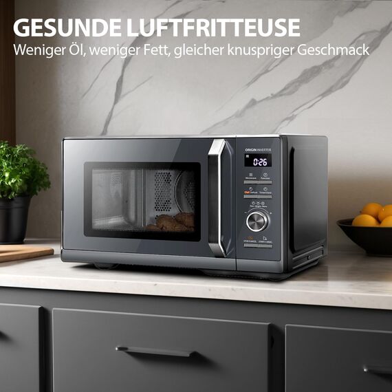 Toshiba MW3-AC26SFI(MG) Mikrowelle mit Grill und Heißluft 6-in-1 Mikrowellenherd mit Dampfgarer 26L 900W Origin Inverter, Chef Defrost, Konvektion, Kombi., Dampf, Grill, Air Fry Auto Menü, Grau