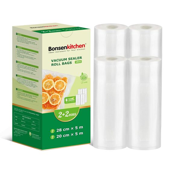 Bonsenkitchen Vakuumrollen 2 Rollen 20cm x 5m+2 Rollen 28cm x 5m Vakuumierfolie - Profi Vakuumbeutel für Vakuumierer Lebensmittel Vakuumiergerät, Kochfest und Sous Vide Gefrierbeutel, BPA-frei, VB42