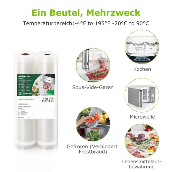 Bonsenkitchen Vakuumrollen 2 Rollen 28x600cm Vakuumierfolie - Profi Vakuumbeutel für Vakuumierer & Lebensmittel Vakuumiergerät, BPA-frei, Kochfest und Sous Vide Gefrierbeutel, VB3207