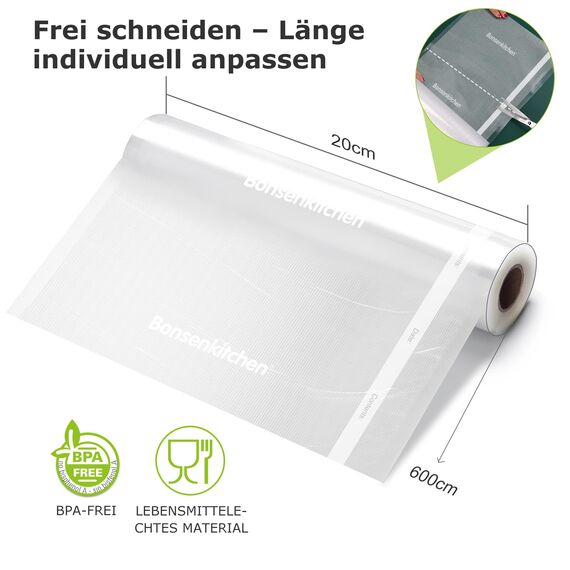 Bonsenkitchen Vakuumrollen 2 Rollen 20x600cm Vakuumierfolie - Profi Vakuumbeutel für Vakuumierer & Lebensmittel Vakuumiergerät, Kochfest und Sous Vide Gefrierbeutel, BPA-frei, VB3206