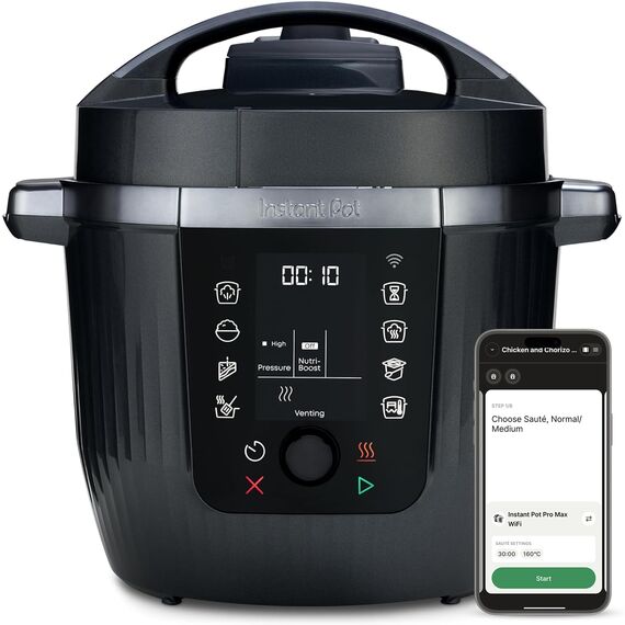 Instant Pot Pro 10-in-1-Multikocher 5,7 l – Schwarz, Schnellkochtopf, Schongarer, Reiskocher, Sauteuse, Joghurtbereiter, Speisenwärmer, Dampfgarer, Vakuumgarer, Backen, NutriBoost™, spülmaschinenfest.