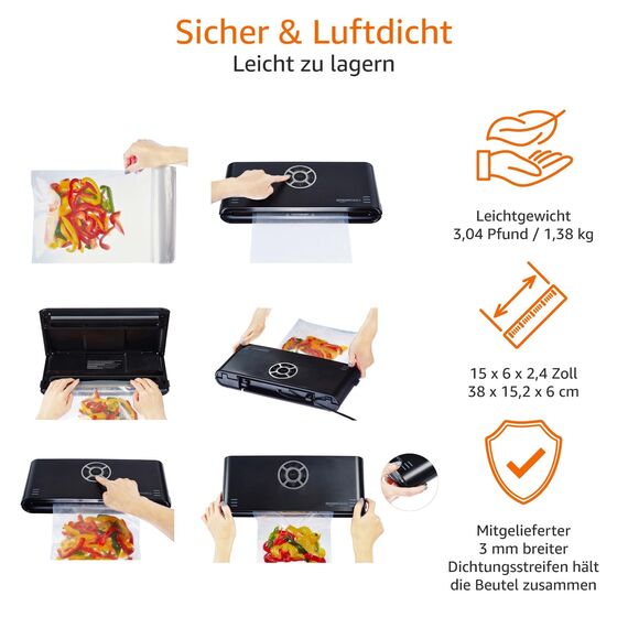 Amazon Basics Vakuumierer, 30 cm Naht + 10 Vakuumierbeutel, Schwarz