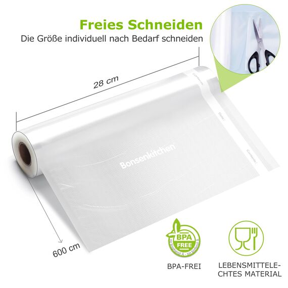 Bonsenkitchen Vakuumrollen 2 Rollen 28x600cm Vakuumierfolie - Profi Vakuumbeutel für Vakuumierer & Lebensmittel Vakuumiergerät, BPA-frei, Kochfest und Sous Vide Gefrierbeutel, VB3207