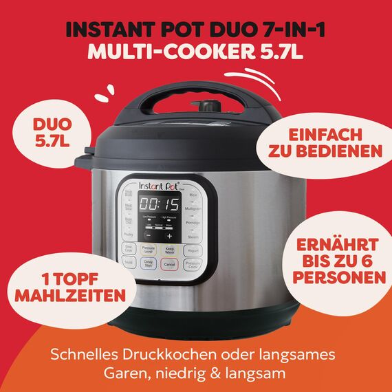 Instant Pot Duo 7-in-1-Multikocher 5,7 l – gebürstetes Edelstahl, großer Schnellkochtopf, Schongarer, Reiskocher, Sauteuse, Joghurtbereiter, Dampfgarer und Speisenwärmer, spülmaschinenfest