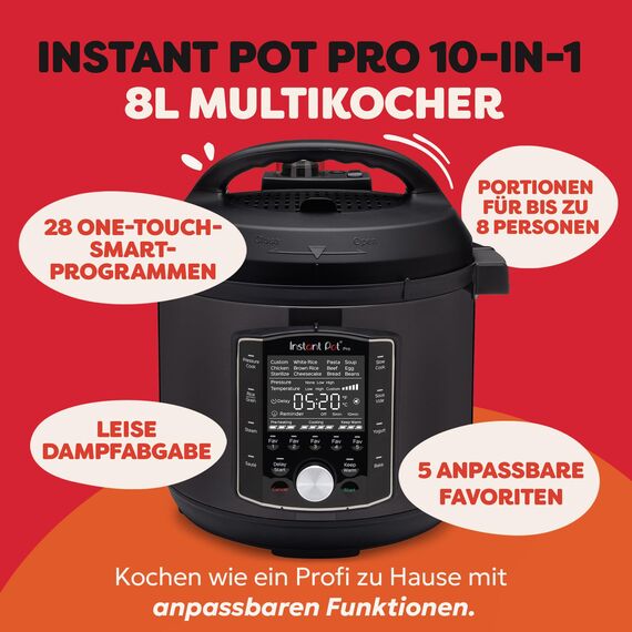 Instant Pot Pro 10-in-1-Elektro-Multikocher 1200 W, 7,6 L – Schnellkochtopf, Schongarer, Reiskocher, Dampfgarer,Sautierpfanne, Sterilisator, Joghurtbereiter, Sous Vide Gerät – Schwarzer Edelstahl