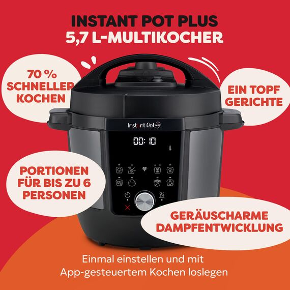 Instant Pot Plus 9-in-1-Multikocher 5,7 l – Gebürsteter Edelstahl, Schnellkochtopf, Schongarer, Reiskocher, Sauteuse, Joghurtbereiter, Speisenwärmer, Dampfgarer, Vakuumgarer, Sterilisator