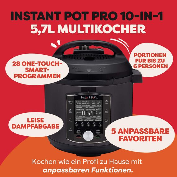 Instant Pot Pro 10-in-1-Elektro-Multikocher 1200 W, 5,7 L – Schnellkochtopf, Schongarer, Reiskocher, Dampfgarer, Sautierpfanne, Sterilisator, Joghurtbereiter, Sous Vide Gerät – Schwarzer Edelstahl