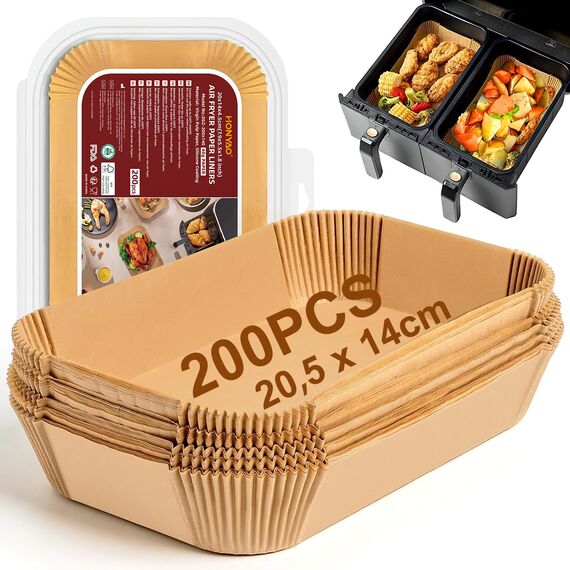 HONYAO Backpapier für Heißluftfritteuse Dual Zone, 200 Stück 20,5x14 cm Rechteckig Airfryer Pergamentpapier Liner kompatibel mit Air Fryer mit Doppelkammer 7,6 L - 10 L und Ninja Double Stack XL
