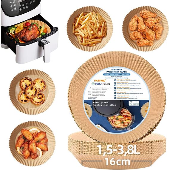 HONYAO Backpapier für Heißluftfritteuse 1,5-3,8 L, Rund 16 cm 100 Stück Pergamentpapier Airfryer Liners, Disposable Paper für Ofen und Air Fryers