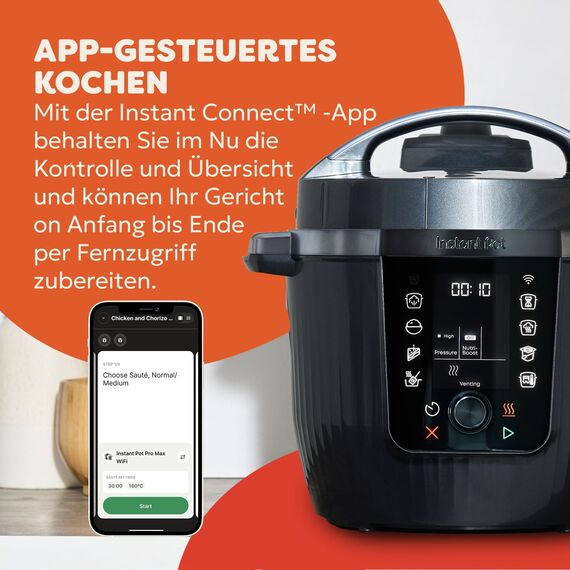 Instant Pot Pro 10-in-1-Multikocher 5,7 l – Schwarz, Schnellkochtopf, Schongarer, Reiskocher, Sauteuse, Joghurtbereiter, Speisenwärmer, Dampfgarer, Vakuumgarer, Backen, NutriBoost™, spülmaschinenfest.