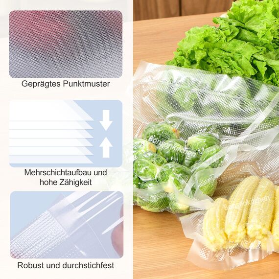 Bonsenkitchen Vakuumrollen 2 Rollen 20x600cm Vakuumierfolie - Profi Vakuumbeutel für Vakuumierer & Lebensmittel Vakuumiergerät, Kochfest und Sous Vide Gefrierbeutel, BPA-frei, VB3206