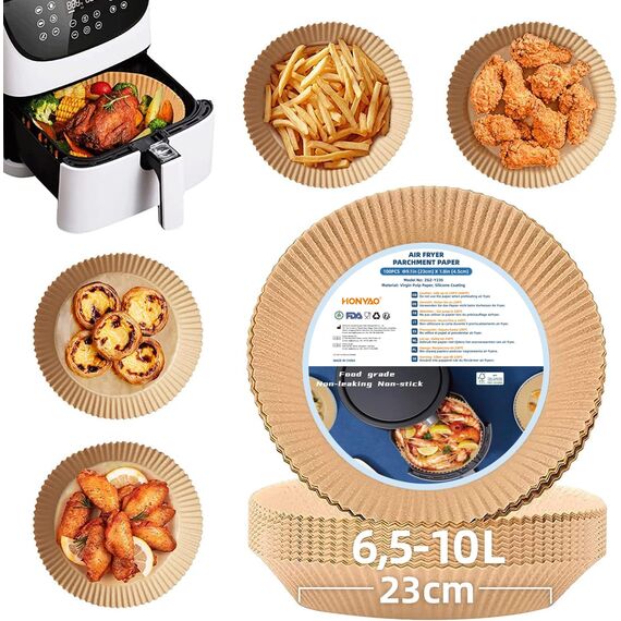 HONYAO Backpapier für Heißluftfritteuse XXL 6,5-10 L, Rund 23 cm 100 Stück Pergamentpapier Airfryer Liners, Einwegartikel Paper Zubehör für Ofen und Air Fryers