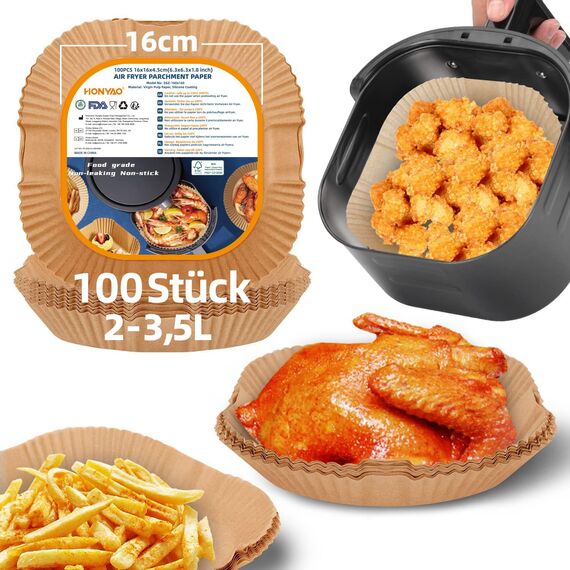 HONYAO Backpapier für Heißluftfritteuse 2-3,5 L, 100 Stück Quadrat 16x16 cm Air fryer Baking Papier Liners Antihaft Einwegpapier Zubehör kompatible mit Philips Cosori Tefal Klein Airfryer