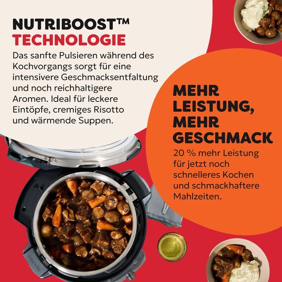 Instant Pot Pro 10-in-1-Multikocher 5,7 l – Schwarz, Schnellkochtopf, Schongarer, Reiskocher, Sauteuse, Joghurtbereiter, Speisenwärmer, Dampfgarer, Vakuumgarer, Backen, NutriBoost™, spülmaschinenfest.