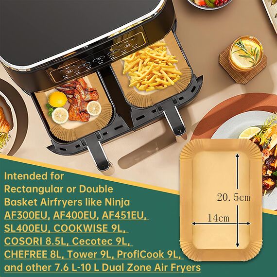 HONYAO Backpapier für Heißluftfritteuse Dual Zone, 200 Stück 20,5x14 cm Rechteckig Airfryer Pergamentpapier Liner kompatibel mit Air Fryer mit Doppelkammer 7,6 L - 10 L und Ninja Double Stack XL