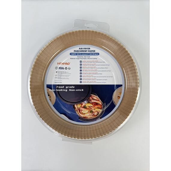 HONYAO Backpapier für Heißluftfritteuse XXL 6,5-10 L, Rund 23 cm 100 Stück Pergamentpapier Airfryer Liners, Einwegartikel Paper Zubehör für Ofen und Air Fryers