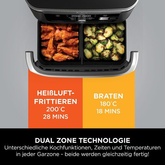 Ninja Foodi FlexDrawer Dual Zone Heißluftfritteuse, Air fryer mit 10,4-Fach und herausnehmbarem Trenner, Antihaftbeschichtung, spülmaschinenfester Korb, 7-in-1, Schwarz AF500EU