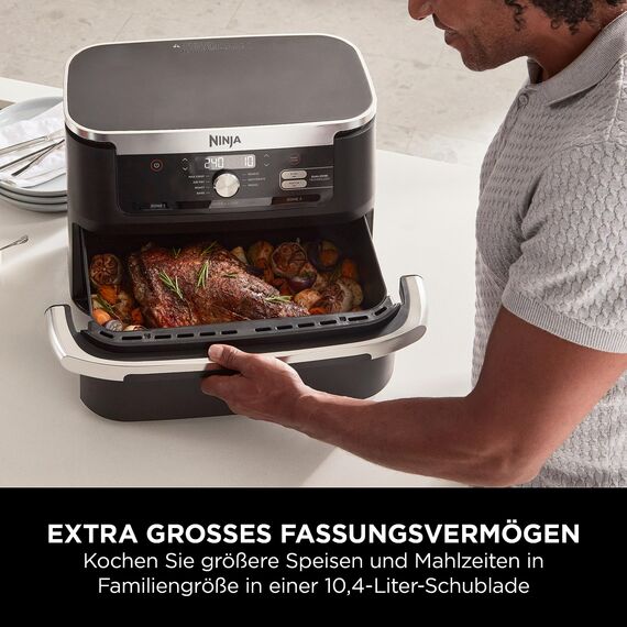 Ninja Foodi FlexDrawer Dual Zone Heißluftfritteuse, Air fryer mit 10,4-Fach und herausnehmbarem Trenner, Antihaftbeschichtung, spülmaschinenfester Korb, 7-in-1, Schwarz AF500EU
