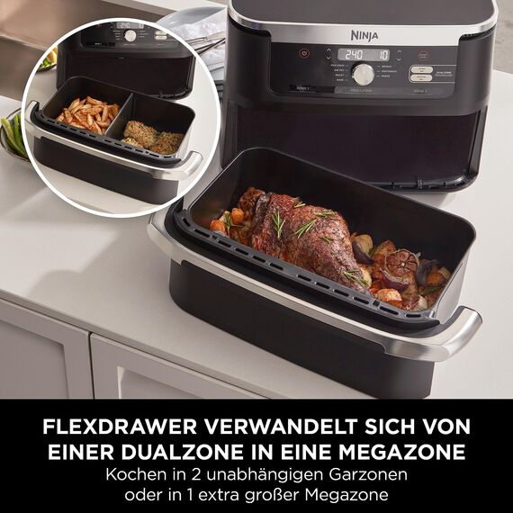 Ninja Foodi FlexDrawer Dual Zone Heißluftfritteuse, Air fryer mit 10,4-Fach und herausnehmbarem Trenner, Antihaftbeschichtung, spülmaschinenfester Korb, 7-in-1, Schwarz AF500EU