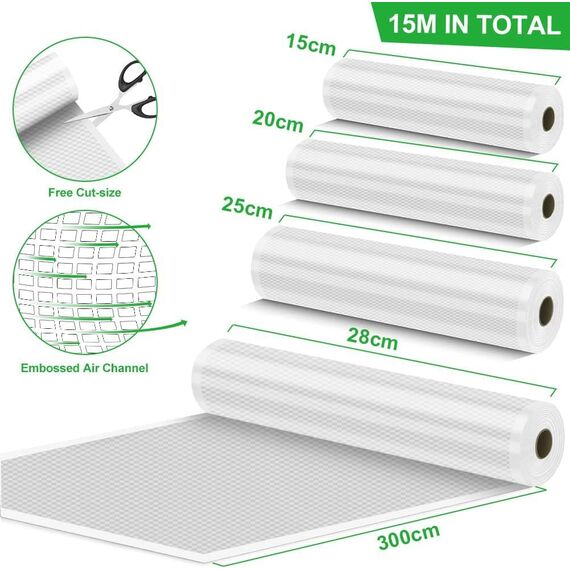 Vakuumierbeutel 6 Rollen Vakuumierfolie 15/20/20/25/25/28x300cm(18m), Profi-Folienrollen Vakuumierer Lebensmittel BPA-frei, stark & reißfest, für alle Vakuumierer & Sous Vide Gefrierbeutel