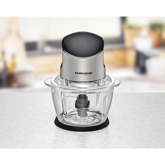 ROMMELSBACHER Multi Zerkleinerer MZ 400 – kraftvoller Motor, 4-flügeliges Spezialmesser aus Edelstahl, 1 Liter Glasbehälter, schwarz/Chrom gebürstet, 400 Watt