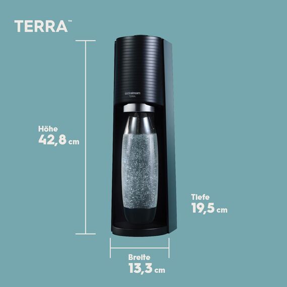 SodaStream Wassersprudler TERRA Vorteilspack mit CO2-Zylinder, 2x 1L spülmaschinenfeste Kunststoff-Flasche und 1x 0,5L spülmaschinenfeste Kunststoff-Flasche, Höhe 44cm, Schwarz