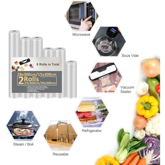 Vakuumierbeutel 6 Rollen Vakuumierfolie 15/20/20/25/25/28x300cm(18m), Profi-Folienrollen Vakuumierer Lebensmittel BPA-frei, stark & reißfest, für alle Vakuumierer & Sous Vide Gefrierbeutel