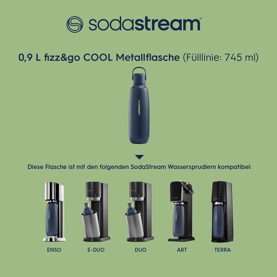SodaStream Wassersprudler DUO mit Quick-Connect CO2-Zylinder | inkl. 2x 1L Glasflasche + 2x 1L FUSE Kunststoffflasche + 0,9L Fizz&go COOL Metallflasche in Storm + Sirup 7UP Zero Zucker (440ml)