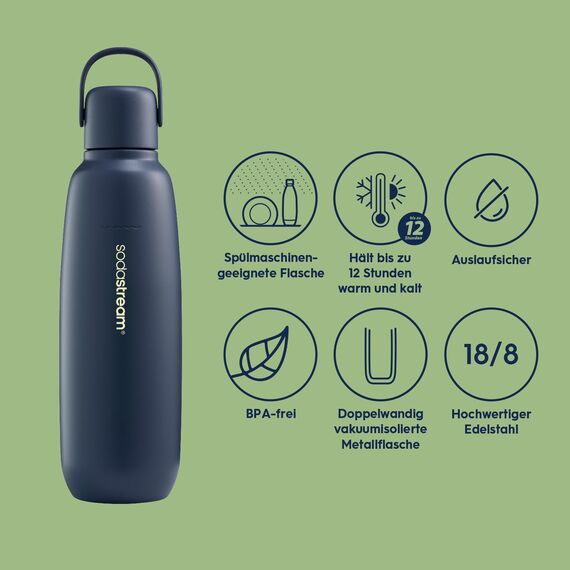SodaStream Wassersprudler DUO mit Quick-Connect CO2-Zylinder | inkl. 2x 1L Glasflasche + 2x 1L FUSE Kunststoffflasche + 0,9L Fizz&go COOL Metallflasche in Storm + Sirup 7UP Zero Zucker (440ml)