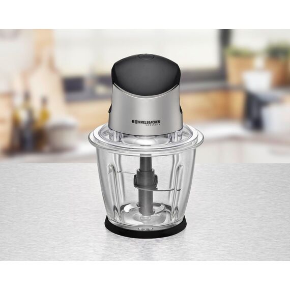 ROMMELSBACHER Multi Zerkleinerer MZ 500 – kraftvoller Motor, 4-flügeliges Spezialmesser aus Edelstahl, 1,5 Liter Glasbehälter, schwarz/Chrom gebürstet, 500 Watt