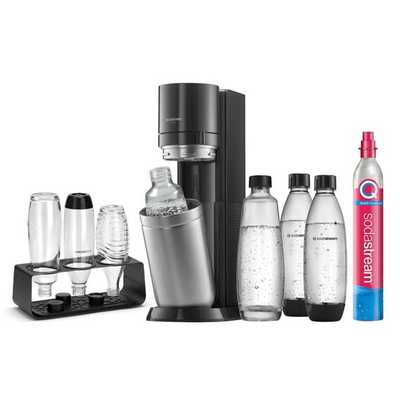 SodaStream Wassersprudler DUO Comfort-Set mit Quick-Connect CO2-Zylinder| inkl. 2x 1L Glasflasche, 2x 1L FUSE Kunststoffflasche (spülmaschinengeeignet) und Flaschenabtropfhalter | Farbe: Titan