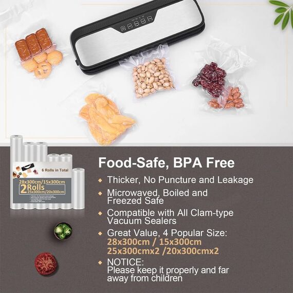 Vakuumierbeutel 6 Rollen Vakuumierfolie 15/20/20/25/25/28x300cm(18m), Profi-Folienrollen Vakuumierer Lebensmittel BPA-frei, stark & reißfest, für alle Vakuumierer & Sous Vide Gefrierbeutel