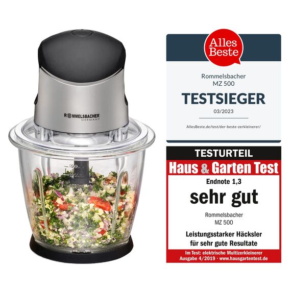 ROMMELSBACHER Multi Zerkleinerer MZ 500 – kraftvoller Motor, 4-flügeliges Spezialmesser aus Edelstahl, 1,5 Liter Glasbehälter, schwarz/Chrom gebürstet, 500 Watt