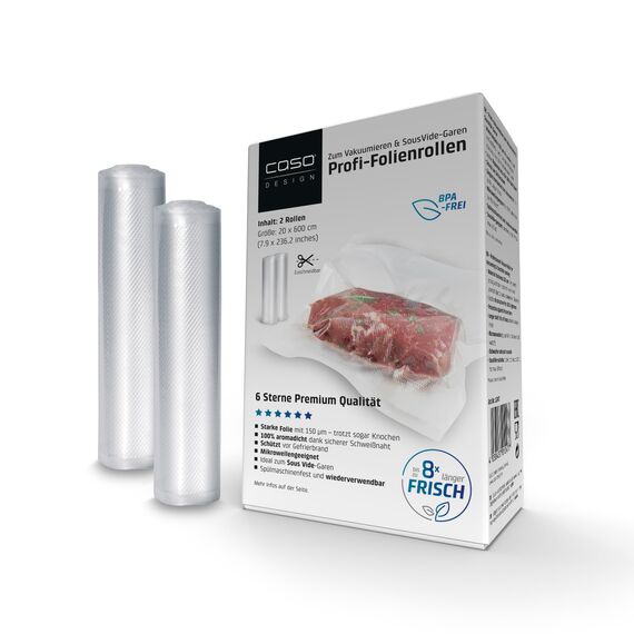 CASO 6 Sterne Profi-Folienrollen 20x600 cm, 2 Rollen, Vakuumierbeutel für alle Vakuumierer, stark und reißfest ca.150 μm, Vakuumbeutel Lebensmittel Vakuumiergerät, BPA-frei