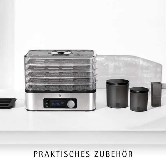 WMF Küchenminis Dörrautomat Edelstahl, Dörrgerät mit 5 Einlegefächern, 30-70°C, bis 24h-Timer, Obsttrockner, Dehydrator, 2 Aufbewahrungsboxen, Müsliriegelform, spülmaschinengeeignete Teile