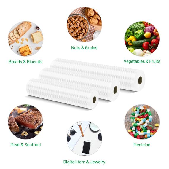 Vakuumierbeutel 3 Rollen Vakuumierfolie, Vakuumbeutel Lebensmittel 28/25/20x300cm, Profi Folienrollen BPA-frei, stark & reißfest, für alle Vakuumierer & Sous Vide