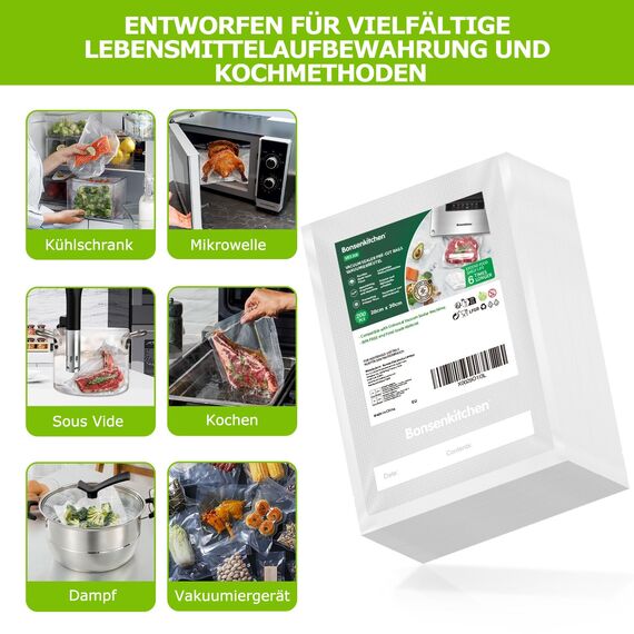 Bonsenkitchen Vakuumierbeutel 200 Beutel 20x30 cm, Profi-Folienbeutel für alle Vakuumiergerät, vakuumbeutel für lebensmittel, Sous Vide Gefrierbeutel, Einschweissbeutel, BPA-frei, VB3208