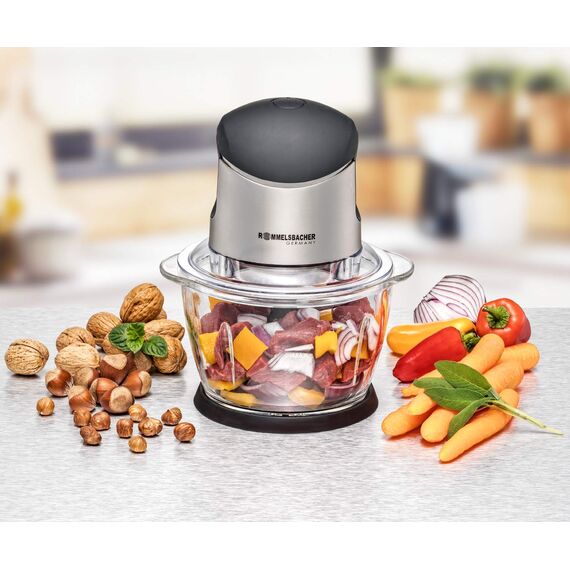 ROMMELSBACHER Multi Zerkleinerer MZ 400 – kraftvoller Motor, 4-flügeliges Spezialmesser aus Edelstahl, 1 Liter Glasbehälter, schwarz/Chrom gebürstet, 400 Watt
