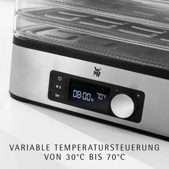 WMF Küchenminis Dörrautomat Edelstahl, Dörrgerät mit 5 Einlegefächern, 30-70°C, bis 24h-Timer, Obsttrockner, Dehydrator, 2 Aufbewahrungsboxen, Müsliriegelform, spülmaschinengeeignete Teile