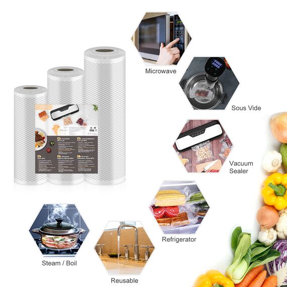 Vakuumierbeutel Vakuumierfolie 3 Rollen 20/25/28x500cm(15m), Vakuumrollen Lebensmittel für Vakuumierer & Sous Vide, 150µm Profi Folienrollen BPA-frei, stark & reißfest