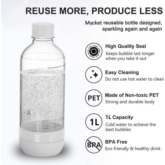 Mycket Soda Maker Flaschen, 2 x 1L Carbonating Bottles, BPA-frei Kohlensäureflaschen, Wiederverwendbare PET-Sprudelwasserflaschen, Ersatzflaschen für Soda-Maschine, Schwarz+Weiß