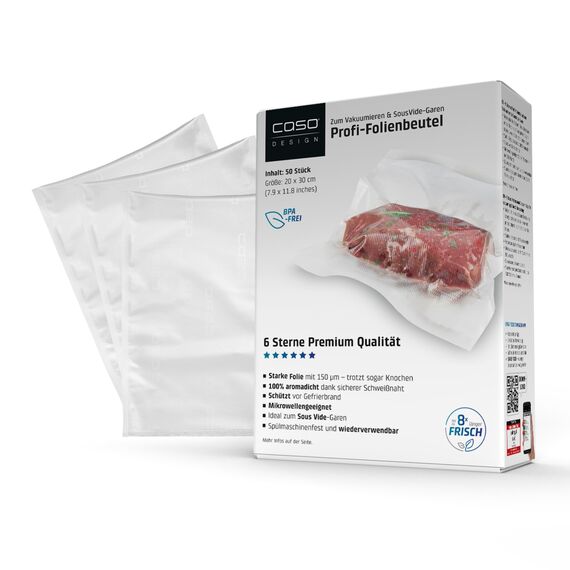 CASO 6 Sterne Profi-Folienbeutel 20x30 cm, 50 Beutel, Vakuumierbeutel für alle Vakuumierer, stark und reißfest ca.150 μm, Vakuumbeutel Lebensmittel Vakuumiergerät, BPA-frei